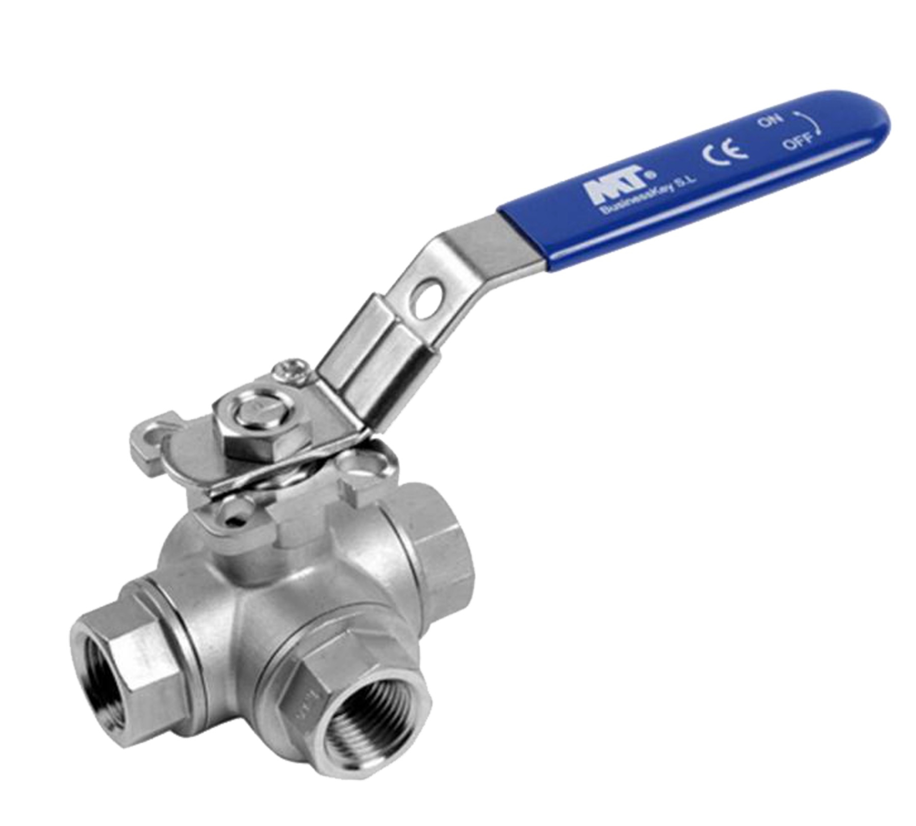 Válvula de Acero Inoxidable Tipo bola roscada, Tres vías, Paso L, Plataforma ISO 5211